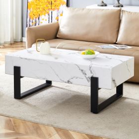 47.2x23.6Black And White Minimalist MDF Marble-Patterned Coffee Table.White Marble Pattern Sticker,Black Metal Leg Spray Coating,MDF Coffee Table.Show