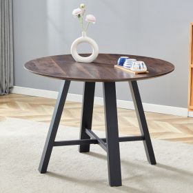 Modern Minimalist Round Dining Table And Coffee Table. 42 Inch Diameter MDF Table Top, Deep Wood Grain Table Top, Black Metal Legs, Fits Home & Office