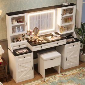 61.5 Farmhouse Vanity Desk With Mirror And LED Lights, Dressing Table With 5 Drawers And 4 Cabinets, Makeup Vanity Table Set With Glass Visual Desktop