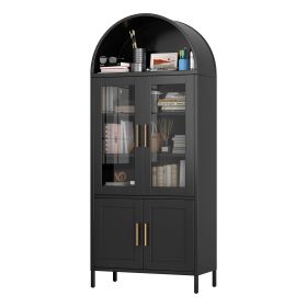Metal Arched Storage Cabinet, Black Arch Bookcase With Glass Doors, Modern Freestanding Kitchen Pantry Cabinet For Home Office Bar Living Room