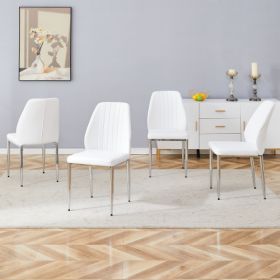 Set Of Four White PU Comfort Dining Chairs 17.7x25Dining Chair With Extended Backrest,WHITE PU,Silver Metal Legs,Suitable For Various Places Such As F