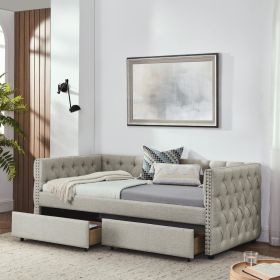 Upholstered Twin Size Daybed With Two Drawers, With Button And Copper Nail On Square Arms, Beige