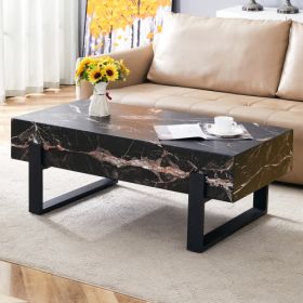47.2x23.6 Black And White Minimalist MDF Marble-Patterned Coffee Table.White Marble Pattern Sticker,Black Metal Leg Spray Coating,MDF Coffee Table.Sho