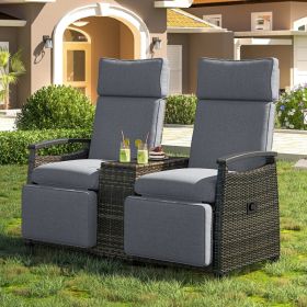 Terrace Lounge Chair Double Sofa, Adjustable Backrest Willow Outdoor Leisure Chair Set, Equipped With Acacia Wood Armrests And Built-in Storage Table,