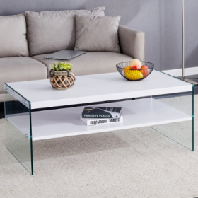 Double Rectangular Coffee Table. The Board Surface Is MDF, With White Stickers, And Both Sides Are Transparent Tempered Glass. Suitable For Living Roo