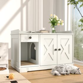 GO Cat Litter Box Enclosure, Litter Box Furniture Hidden With Cat Litter Mat, Indoor Cat House With Storage Drawer Side Table, Farmhouse Style Cat Box