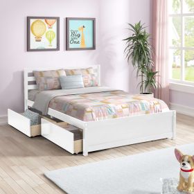 Full Size Wood Platform Bed Frame With 4 Storage Drawers And Headboard Of White Color For All Ages