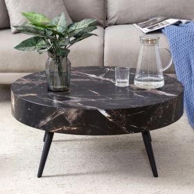 31.5 Black Marble-Patterned MDF Round Coffee Table With Black Metal Legs.Adjustable Feet,Coffee Table,Round Table Design,MDF Material,Black Marble Pat
