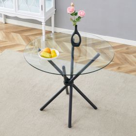A Circular Transparent Tempered Glass Round Table With A Diameter Of 36.6 Inches,with Ring-shaped Gathered Black Metal Legs.The Desktop Glass Is 0.3 I