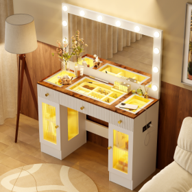 43.3 Vanity Desk With Large Mirror And Hollywood Bulbs, Modern Glass Top Makeup Vanity With Drawers And Power Outlet, Large Dressing Table With 3 Colo