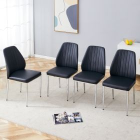 Set Of Four Black PU Comfort Dining Chairs 17.7x25 Dining Chair With Extended Backrest,BLACK PU,Silver Metal Legs,Suitable For Various Places Such As