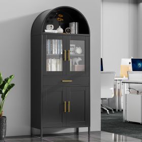 73 Inch Metal Tall Arched Display Cabinet, Metal Arched Bookshelf With Doors,Shelves,Drawers, Modern Freestanding Bookcase For Home Office Bar Living