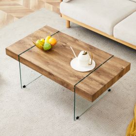 43.x23.6 Wood Colored Texture Sticker MDF Coffee Table With Tempered Glass Legs.Suitable For Living Room.It Can Be Used Not Only As A Coffee Table But