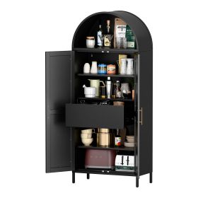 73inch Tall Metal Arched Cabinet, Modern Arch Bookshelf Display Cabinet With Doors,Shelves,Internal Drawers For Home Office Kitchen Bar Living Room,Bl