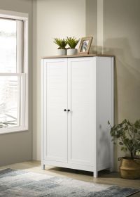 Claire 35" White Storage Cabinet with Oak Accent Finish and Framed Slatted Panel Design
