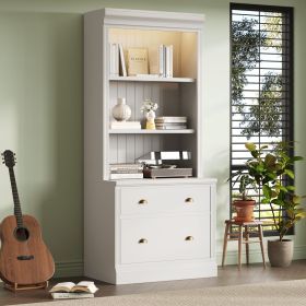 83.4"Tall Bookshelf with LED Lighting, Modern Bookcase with 2 Drawer and 3 Open Shelves,Storage Bookshelf for Living Room,Home Office,White