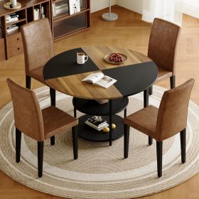 Table and chair set.A 47.3-inch diameter modern spliced color circular dining table - double-layer storage.Paired With 4 brown technology fabric dinin