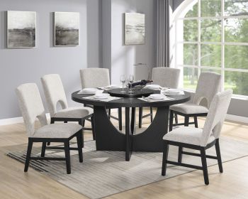 7pc Modern Round Table Black Finish w Lazy Susan Wooden Contemporary 6x Side Chair Upholstered Seat Dining Room Wooden Fabric Wood Furniture