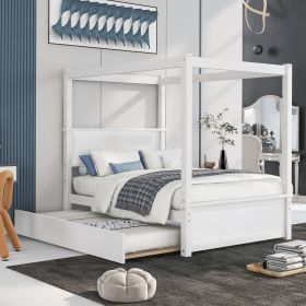 Wood Canopy Bed with Trundle Bed ; Full Size Canopy Platform bed With Support Slats .No Box Spring Needed
