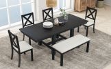 TOPMAX Farmhouse 82inch 6-Piece Extendable Dining Table with Footrest, 4 Upholstered Dining Chairs and Dining Bench, Two 11"Removable Leaf