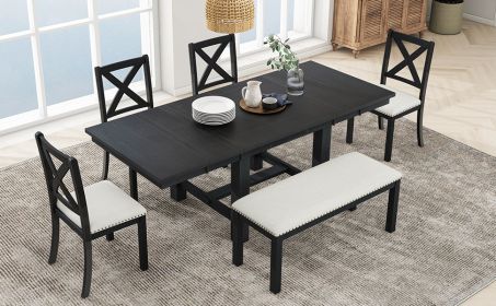 TOPMAX Farmhouse 82inch 6-Piece Extendable Dining Table with Footrest, 4 Upholstered Dining Chairs and Dining Bench, Two 11"Removable Leaf