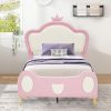 {NEW}Twin Size Princess Bed with Crown Headboard, PU Upholstered Platform Bed , Twin Size Bed Frame with Bed-End Storage Pocket for Kids Girl