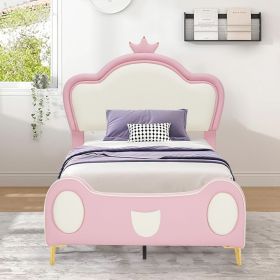 {NEW}Twin Size Princess Bed with Crown Headboard, PU Upholstered Platform Bed , Twin Size Bed Frame with Bed-End Storage Pocket for Kids Girl