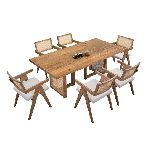 86.61 Inch Oversize Rectangular Waves Dining Table Set,7 PCS Wooden Dining Table and Chairs,Mid Century Modern Large Kitchen Set for Living Room 86.61 Inch Oversize Rectangular Waves Dining Table Set,7 PCS Wooden Dining Table and Chairs,Mid Century Modern Large Kitchen Set for Living Room