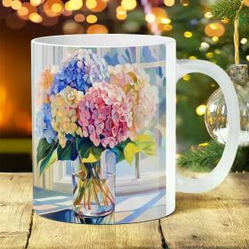1pc 11oz Floral Ceramic Coffee Mug with Vibrant Hydrangea Design â€“ Perfect for Office Use, Birthdays, Holidays,