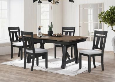 5pc Cottage Style Extendable Dining Table Set Wheat Charcoal Tow Tone Finish Upholstered Chair Dining Room Wooden Furniture Two Self-Storing Refectory