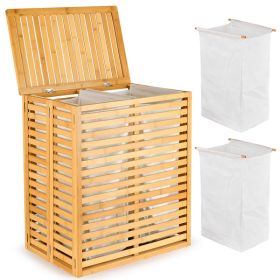Bamboo Laundry Hamper with Lid â€“ Foldable Clothes Basket with 2-Section Removable Liner Bag, Space-Saving Laundry Sorter for Bathroom, Bedroom