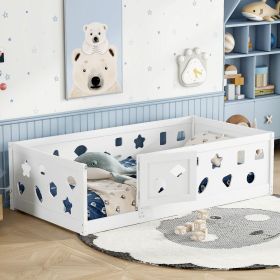 Twin Size Floor Bed with Heightened Safety Guardrails and Door, Solid Wood Bedframe with Rails for Girls, Boys, Teens, Child Bedroom, Kids Playroom