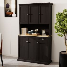 71" Kitchen Pantry Storage Cabinet with Microwave Oven Countertop, Freestanding Hutch Cabinet with Adjustable Shelves, 6 Doors and 1 Drawer-Black