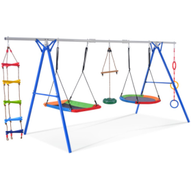 5 In 1 Outdoor Toddler Swing Set For Backyard, Playground Swing Sets With Steel Frame, Multifunction Playsets For Kids With Climbing Ladder, Saucer Sw
