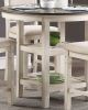 Antique White and Brown Finish 5pc Counter Height Dining Set Table w Built-in Shelves and 4x Counter Height Chairs Wooden Dining Room Furniture