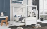 Wood Canopy Bed with Trundle Bed ; Full Size Canopy Platform bed With Support Slats .No Box Spring Needed