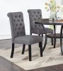 Modern Classic Dining Room Furniture Natural Wood Round Dining Table 4x Side Chairs Charcoal Fabric Tufted Roll Back Top Chair Storage Shelve 5pc Dini