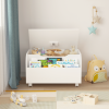 Wooden Toy Box with 4 Universal Wheels, Kids Toy Storage Organizer with Front Bookshelf, Flip-Top Lid, Safety Hinge