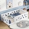 Twin Size Floor Bed with Heightened Safety Guardrails and Door, Solid Wood Bedframe with Rails for Girls, Boys, Teens, Child Bedroom, Kids Playroom