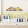 Twin Size Metal Floor Bed Frame with Fence and Door, White