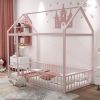 Twin Size Metal Bed House Bed Frame with Fence, for Kids, Teens, Girls, Boys, Pink