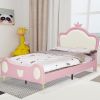 {NEW}Twin Size Princess Bed with Crown Headboard, PU Upholstered Platform Bed , Twin Size Bed Frame with Bed-End Storage Pocket for Kids Girl