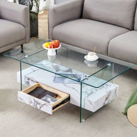43.3 Inch Modern Two-Tier Coffee Table - Clear Tempered Glass And White Marble Texture, Multifunctional Storage Design.The Bottom Tier Includes A Draw