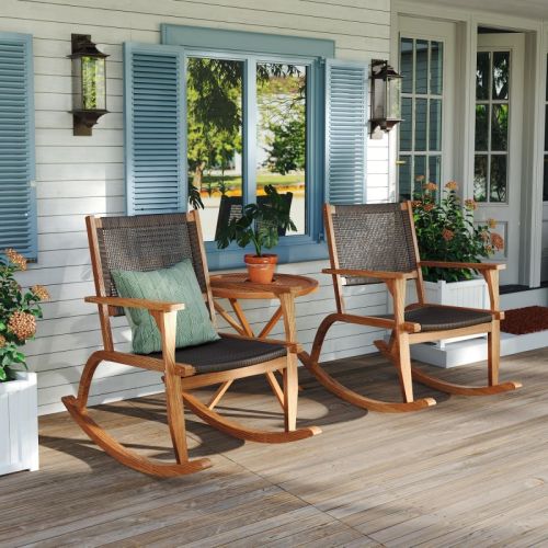 2-piece Terrace Rocking Chair Set, Acacia Wood Outdoor Rocking Chair, Equipped With Wicker Vine Seat And Backrest, Comfortable Garden Porch Chair, Dar