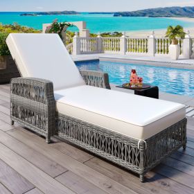 Outdoor Long Lounge Chair, Wicker Lounge Chair With Armrests, Adjustable Terrace Lounge Chair With Detachable Soft Cushions, All-weather Rattan Pool L