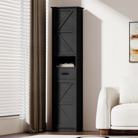 69 H Tall Bathroom Storage Cabinet With 2 Barn Doors And 1 Drawer, Narrow Storage Unit, Adjustable Shelves,Floor Cabinet For Bathroom, Living Room, En