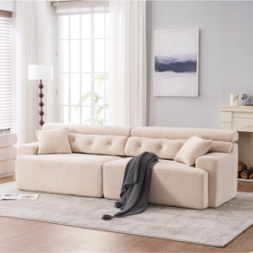 LY-029 APRICOT COMPRESSION SOFA 4-seater Combined Sofa, Wood Grain Chenille Fabric, Full Sponge Compression Sofa,combined Sofa With 2 Pillows For Livi