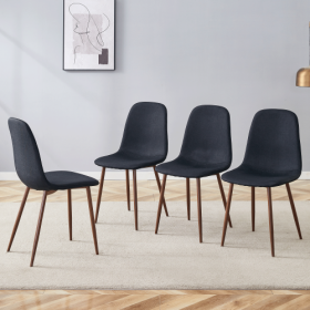 Luxury Simple Chair - Set Of 4 BLACK Linen-Cotton Material High Resilience Dining Chair With Metal Walnut Color Leg.Integral Metal Leg Architecture,Su