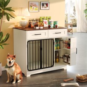 GO 37.4 Dog Crate Furniture, Indoor Dog Kennel With 2 Drawers And Storage Cabinet, Modern Furniture Dog Crate Side End Table For Small Medium Dogs, Wh