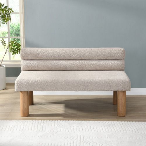 Upholstered Dining Bench, End Of Bed, Entryway Bench, Boucle Ottoman For Dining Room, Bedroom, Living Room, Rubber Wood Leg 330 LBS Support, Light Gre